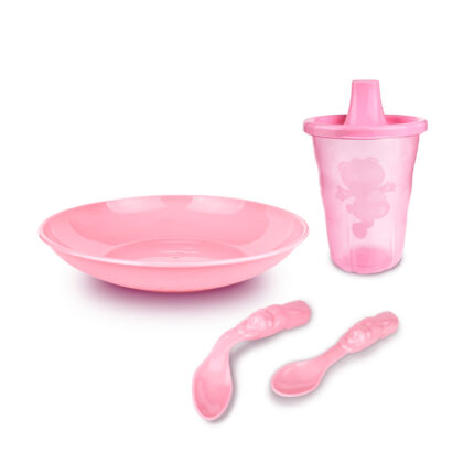 KIT ALIMENTACAO (CONTEM: 1 PRATO, 2 COLHERES E 1 PORTA SUCO) ROSA BEBE