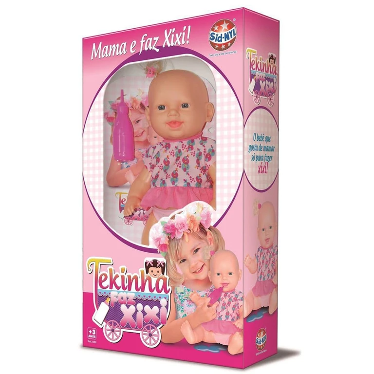 Boneca Tekinha Faz Xixi Peso: ~400 g Altura: ~43 cm Material: Cabeça em vinil, braços, pernas e corpo em polietileno/plástico Idade recomendada: acima de 3 anos Conteúdo da embalagem: Boneca + mamadeira + chupeta