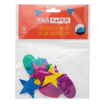 EVA CORACOES E ESTRELAS C/GLITTER 5CM PACOTE C/10 YINS PAPER