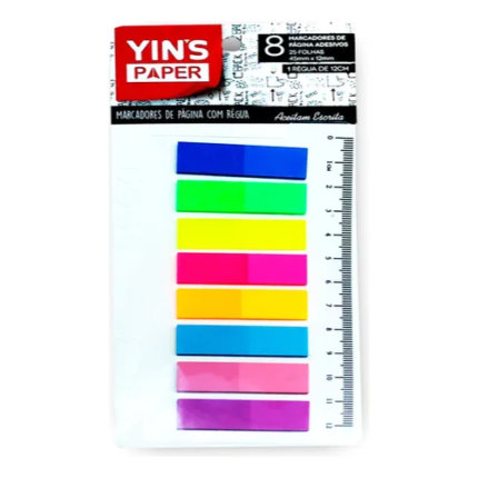 MARCADOR DE PAGINA ADESIVO COM REGUA 08 CORES YINS PAPER
