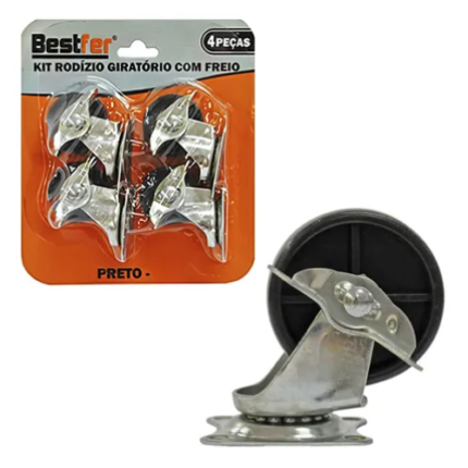 BF RODIZIO GIRATORIO PRETO C/FREIO - 1 1/2POL KIT 4PCS