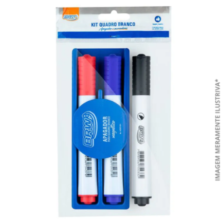 KIT MARCADOR QUADRO BRANCO 3 UNIDADES C/ APAGADOR MAGNÉTICO